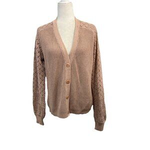 Sundance Cardigan Women Medium Tan Chunky Knit V-Neck Button Front Sweater Cozy